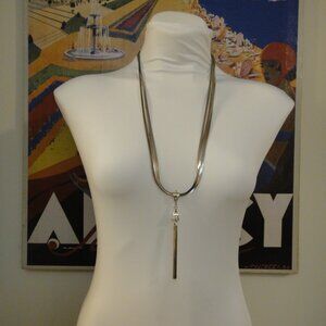 Long Flat Herringbone 3 Chain Necklace w 5 Strand Tassel Silvertone